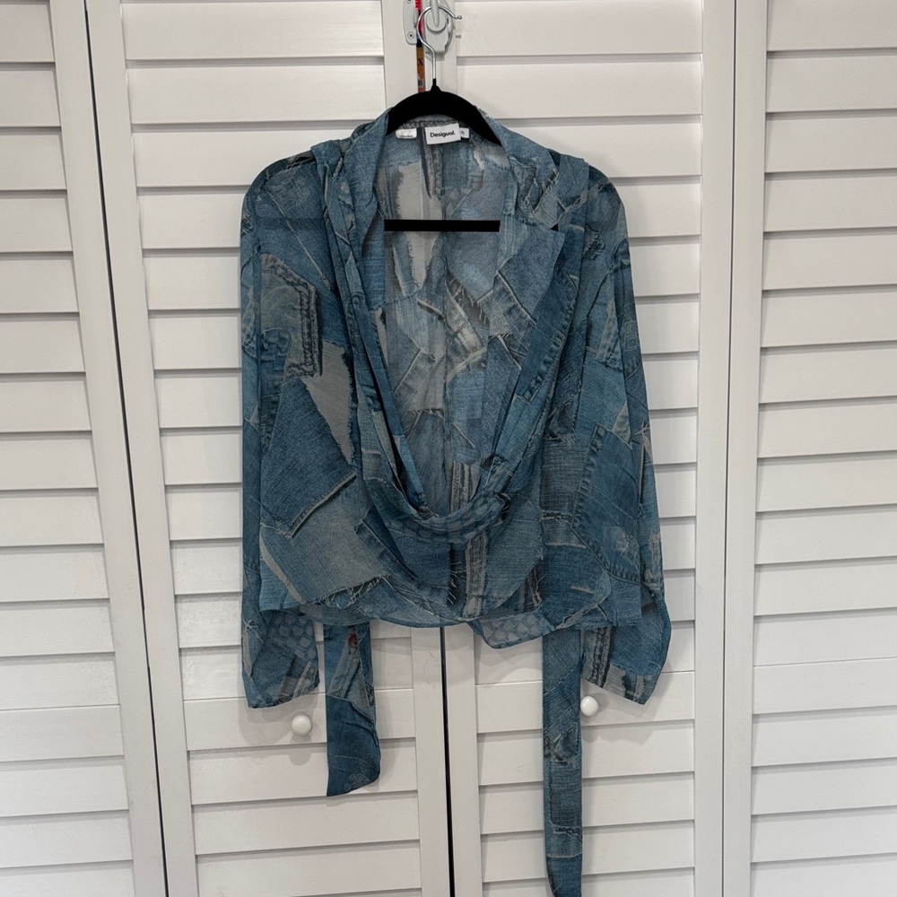 Desigual Denim Pattern Blue Sheer wrap Blouse